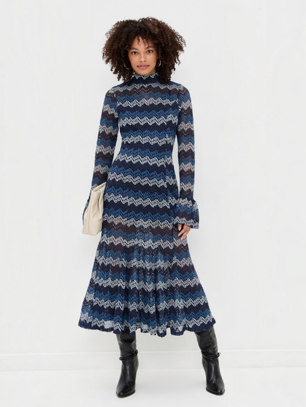 En Saison Lorrae Navy Tonal Zigzag/Chevron Pattern Lace Midi Dress, M, Boho Fall - Picture 4 of 16